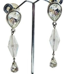 VTG Dangle jeweled Earrings Lucite Clear crystal Rhinestone Silver pierced 70s